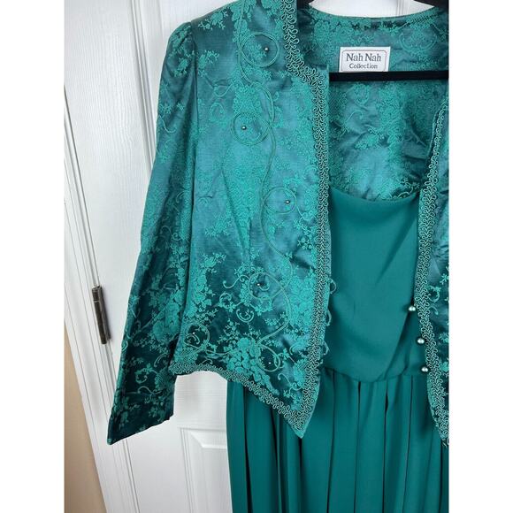 Vintage Green Formal Evening Wedding Dress Jacket Set Brocade Holidays 16/18 - Picture 8 of 11
